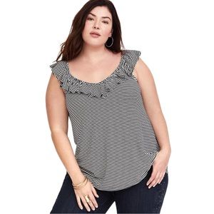 Torrid Black & White Striped "Super Soft Knit" Sleeveless Ruffle Trim Top